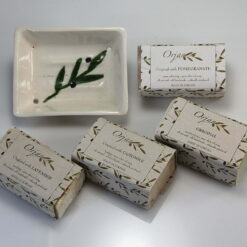 Alternative view of Natural olive oil herbal soaps 'Aroma Quartet 1' with dish