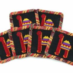 Handmade embroidered square 4 pcs "Camel" coasters set, black and "Saya" fabric