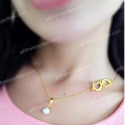 Necklace with faux pearl pendant and custom made S shape with two names (his and her's).