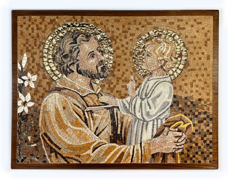 St Joseph holding Baby Jesus handmade natural stone mosaic Christian Artwork framed mosaic handmade in Jordan